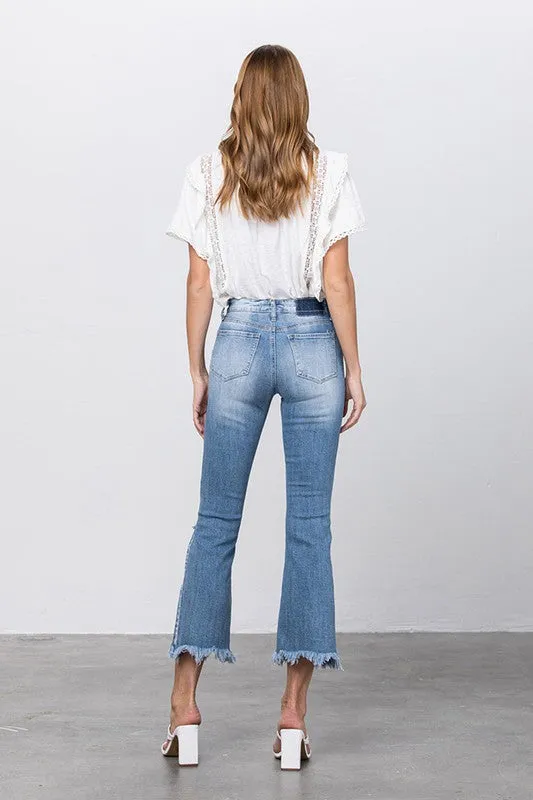 Stretch Mid Rise Crop Flare Blue Jeans