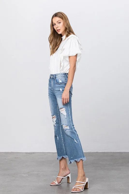 Stretch Mid Rise Crop Flare Blue Jeans