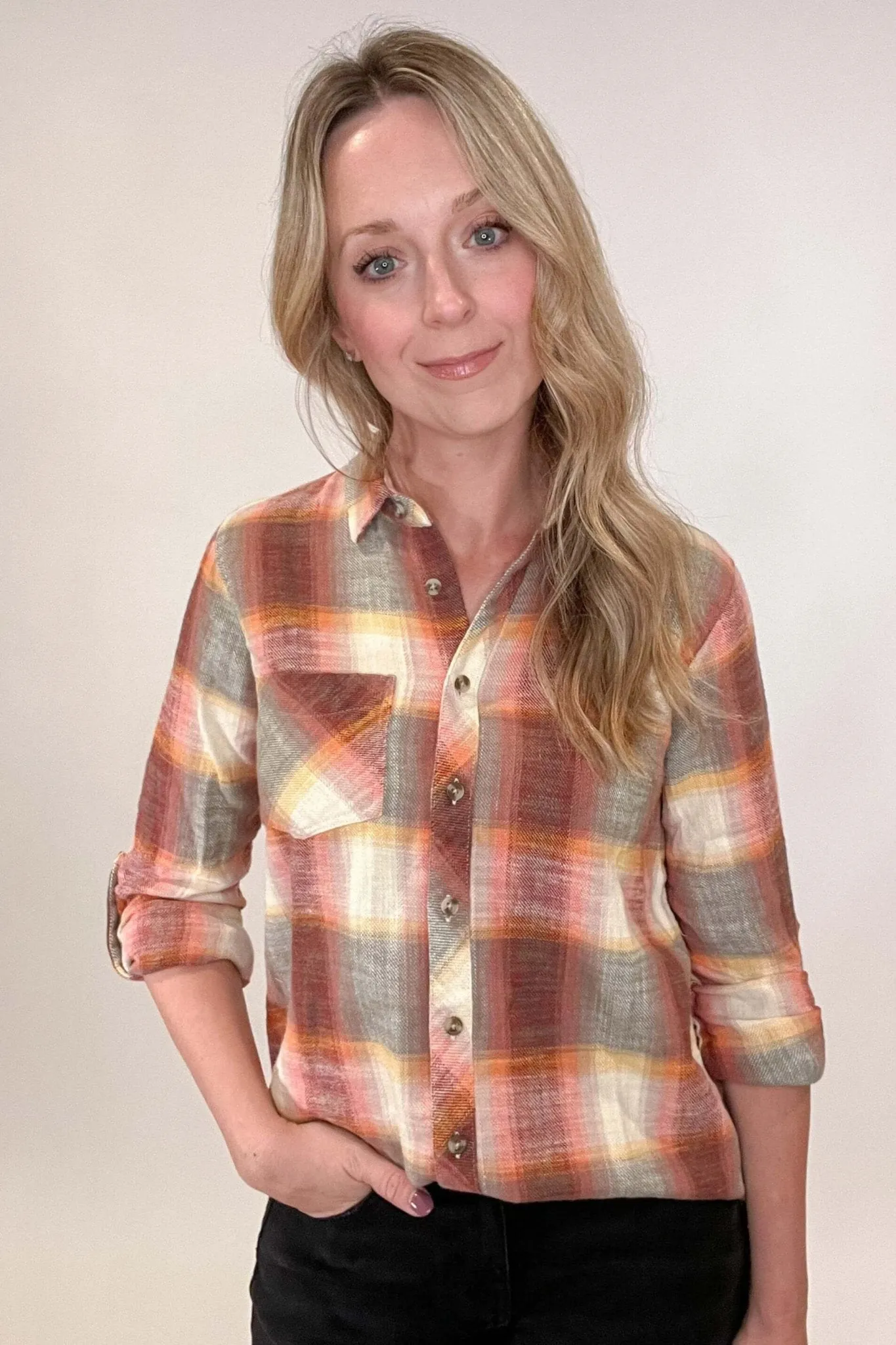 Sunset Plaid Blouse, 100% Cotton