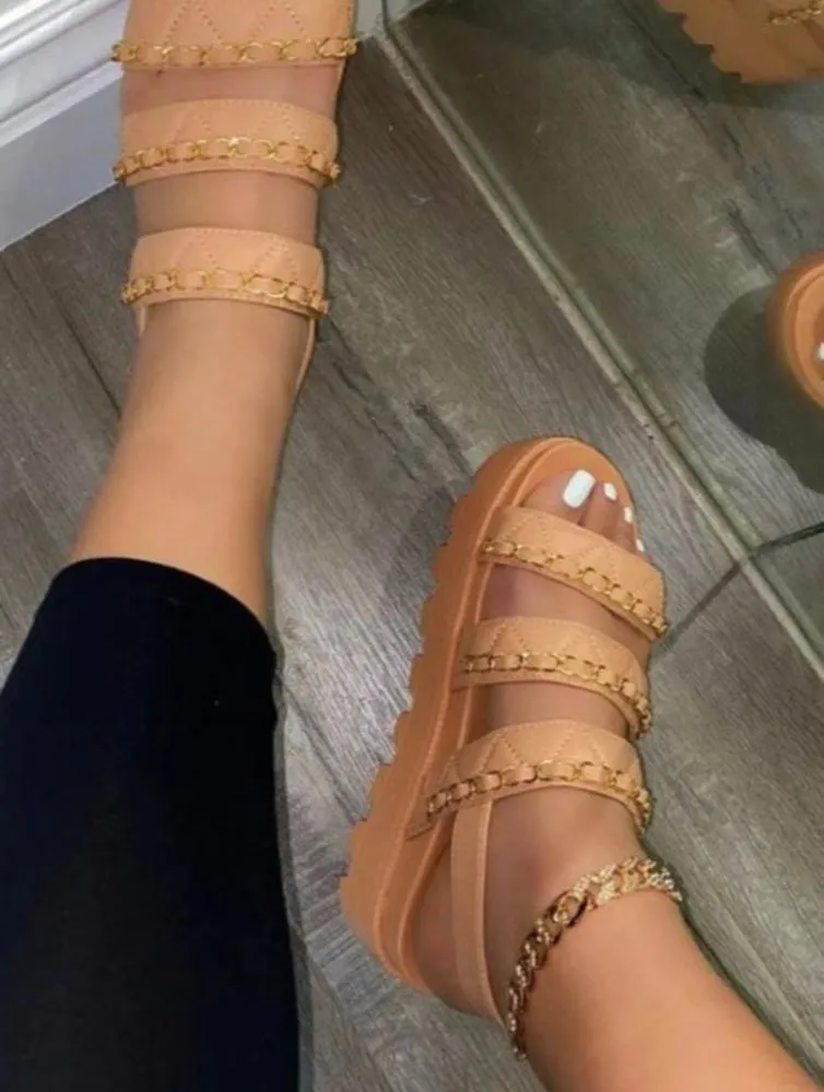 Tan round toe platform sandals