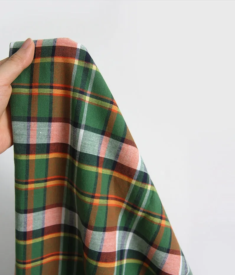 Tartan Checkered Cotton Fabric, Green Orange, Yarn Dyed Fabric, Wide Width, Quality Korean Fabric - By the Yard /56921