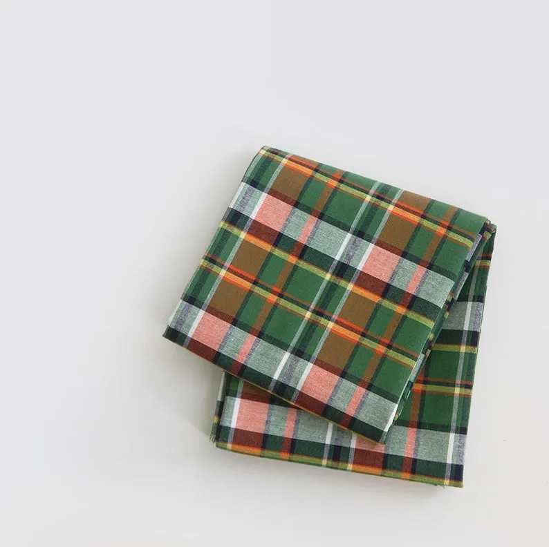Tartan Checkered Cotton Fabric, Green Orange, Yarn Dyed Fabric, Wide Width, Quality Korean Fabric - By the Yard /56921