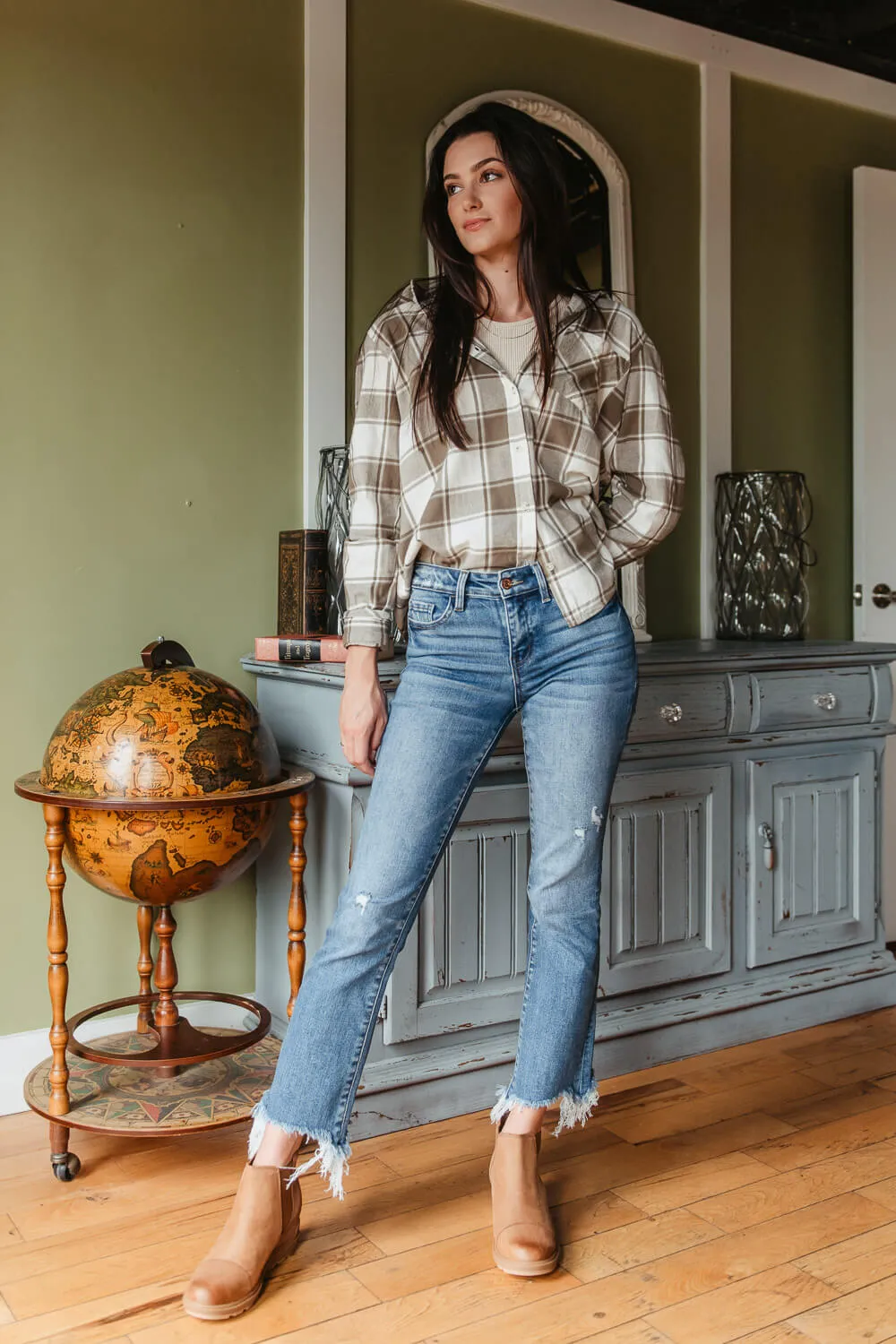 Thread & Supply Flannel Plaid Shirt for Women in White and Sage Green | T2543CFGK-CAPEGRN