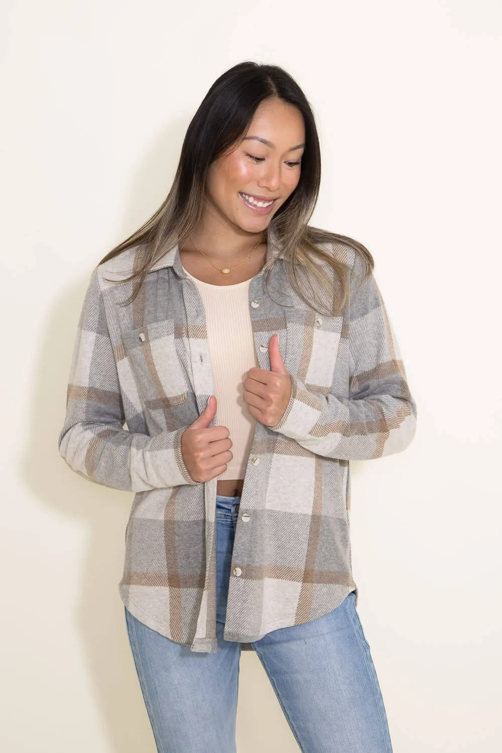 Thread & Supply Lewis Soft Luxe Button Up Shirt for Women in Grey/Brown Plaid | T1084PVXTS-GRAY BROWN PLAID