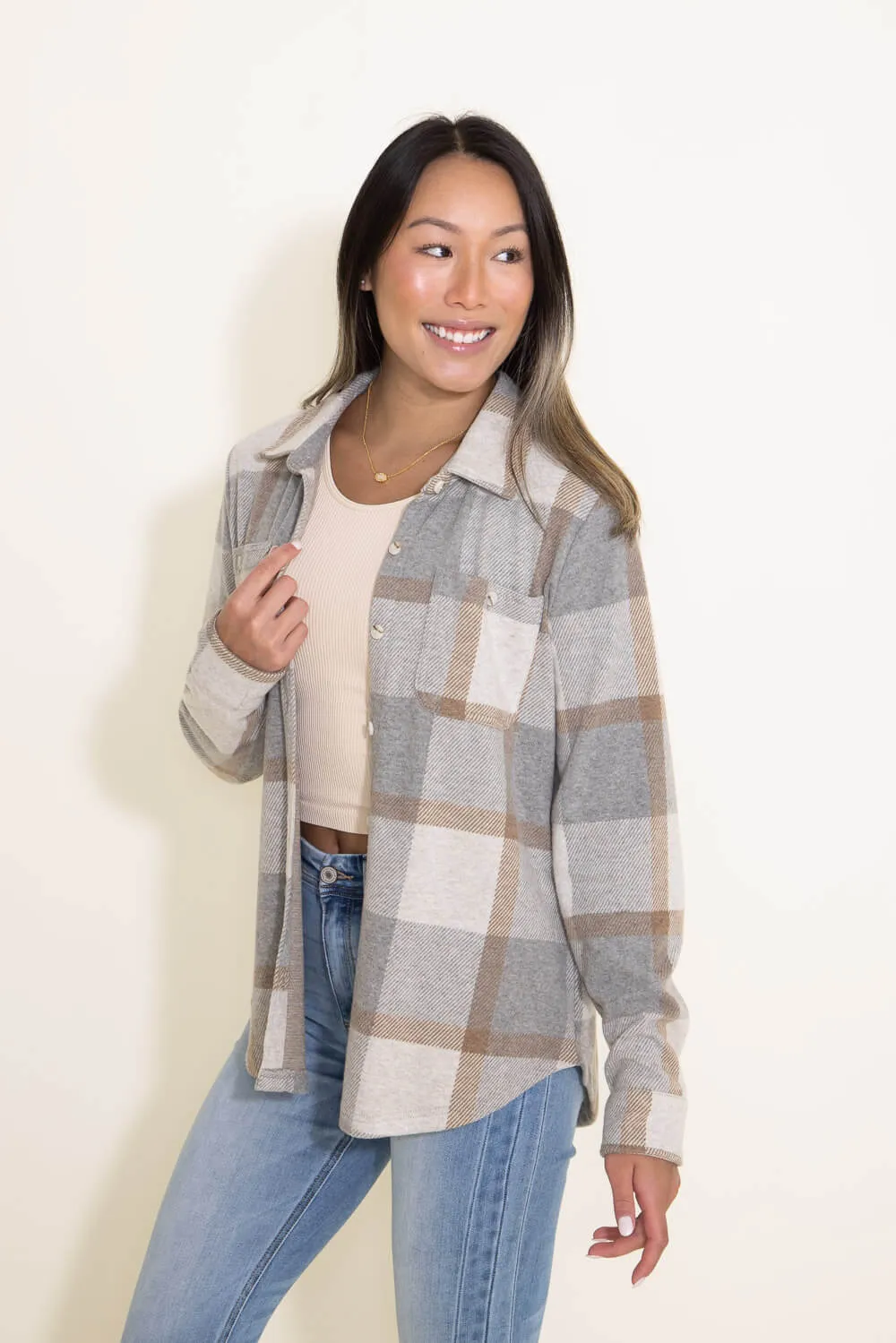Thread & Supply Lewis Soft Luxe Button Up Shirt for Women in Grey/Brown Plaid | T1084PVXTS-GRAY BROWN PLAID