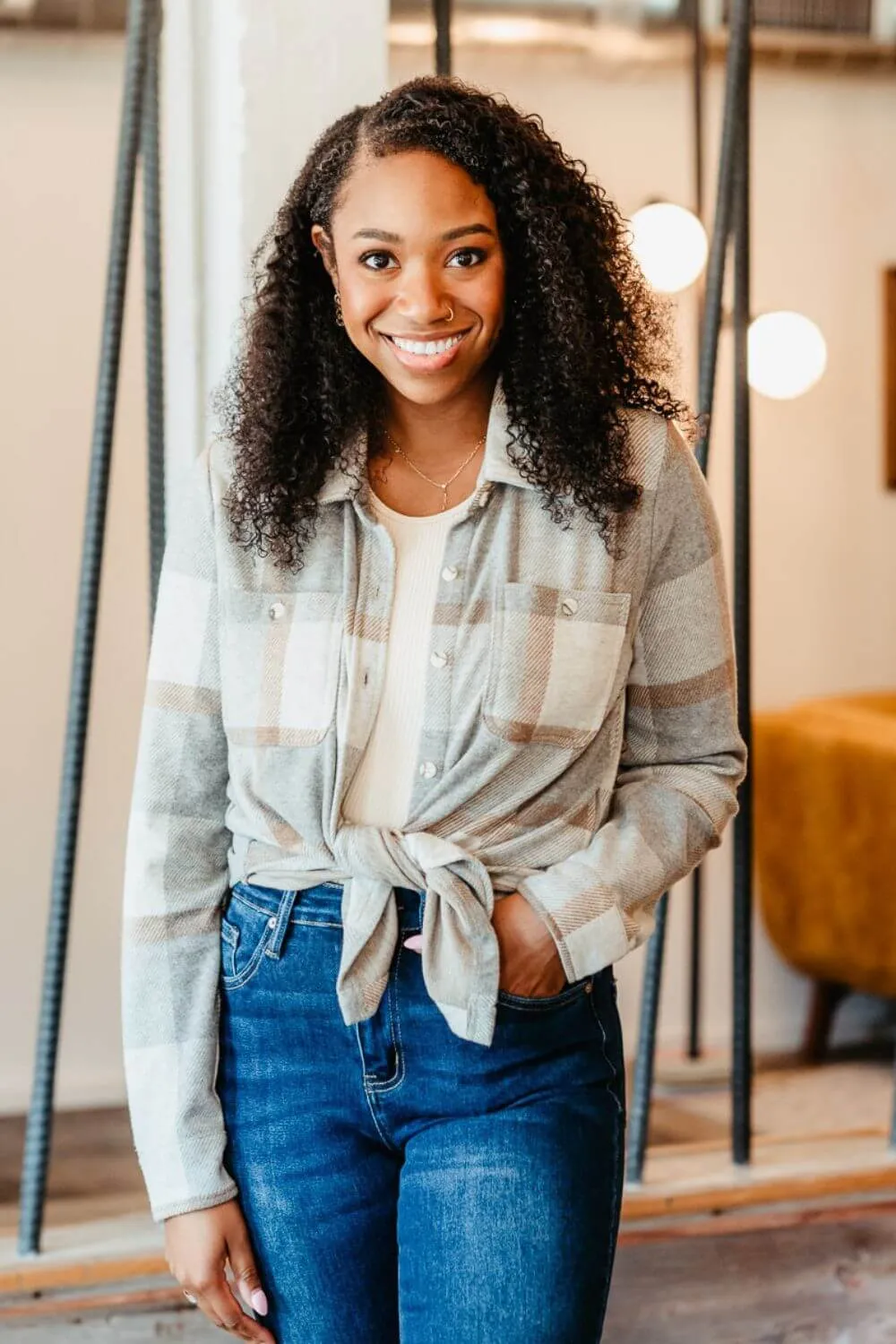 Thread & Supply Lewis Soft Luxe Button Up Shirt for Women in Grey/Brown Plaid | T1084PVXTS-GRAY BROWN PLAID