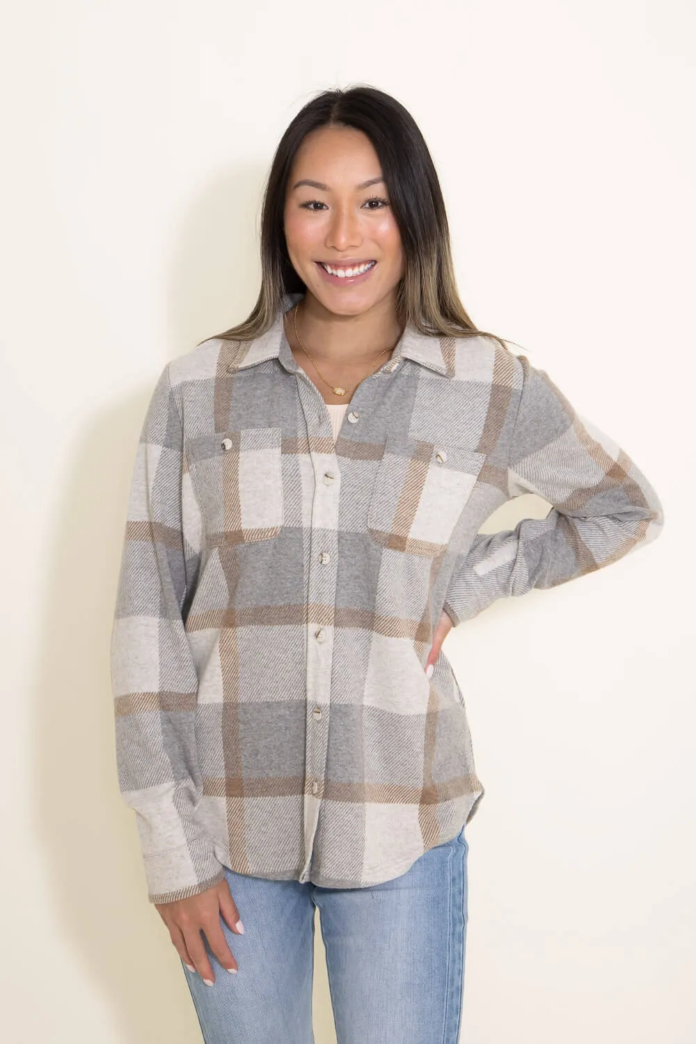 Thread & Supply Lewis Soft Luxe Button Up Shirt for Women in Grey/Brown Plaid | T1084PVXTS-GRAY BROWN PLAID