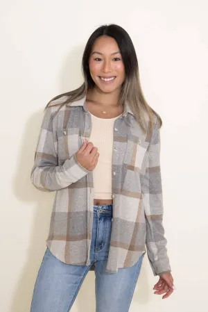 Thread & Supply Lewis Soft Luxe Button Up Shirt for Women in Grey/Brown Plaid | T1084PVXTS-GRAY BROWN PLAID