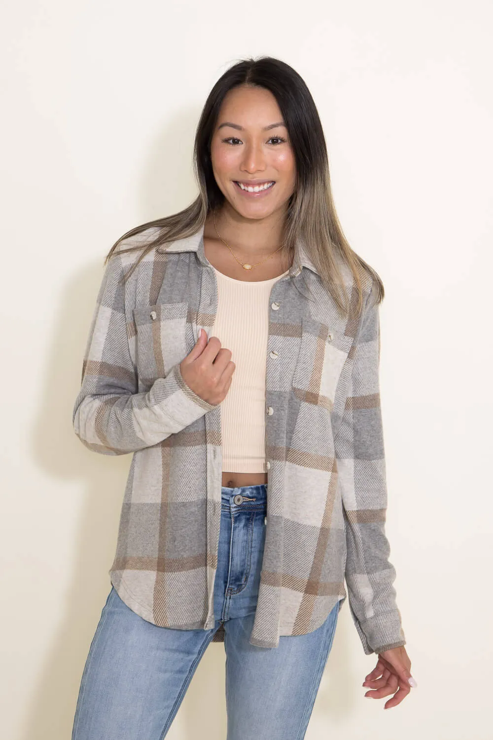 Thread & Supply Lewis Soft Luxe Button Up Shirt for Women in Grey/Brown Plaid | T1084PVXTS-GRAY BROWN PLAID