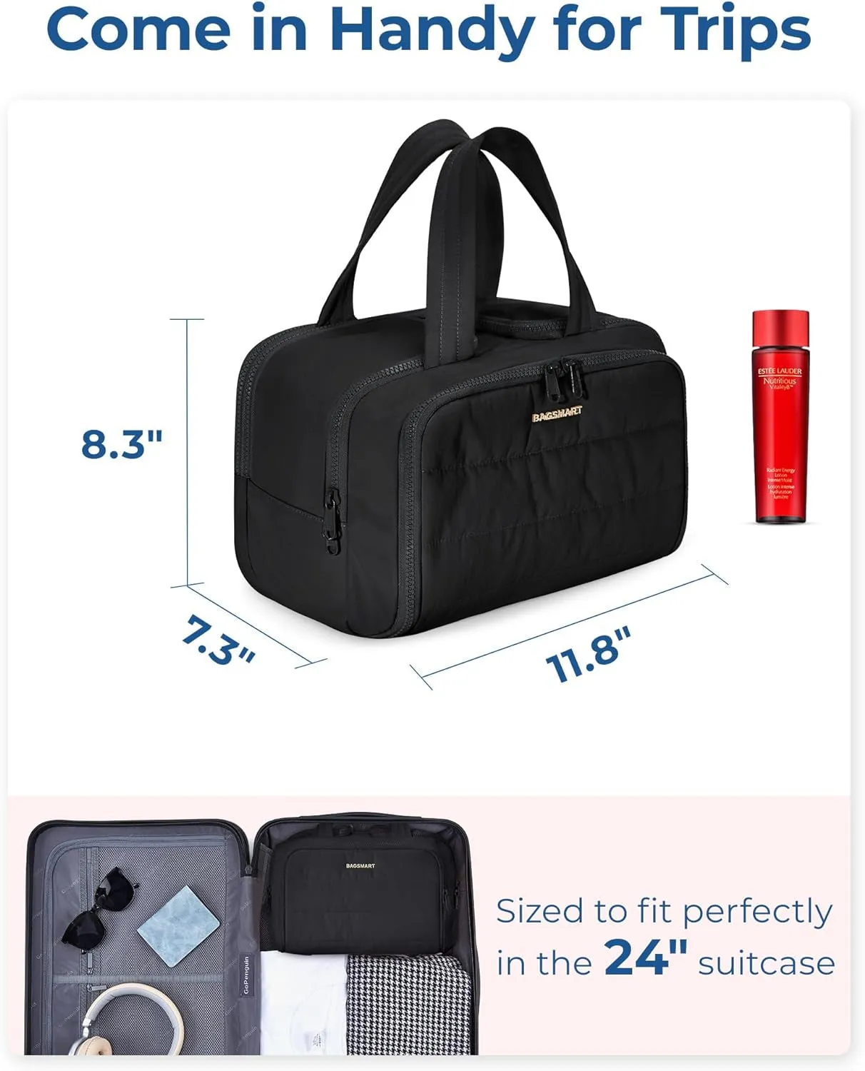 Travel Toiletry Bag, Lightweight Large Wide-Open Travel Bag for Women, Puffy Cosmetic Makeup Bag Organizer with Handle for Accessories,Essentials, Toiletries, Black