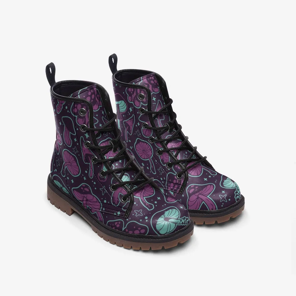 Trippy Mushrooms Dark Purple Vegan Leather Unisex Boots