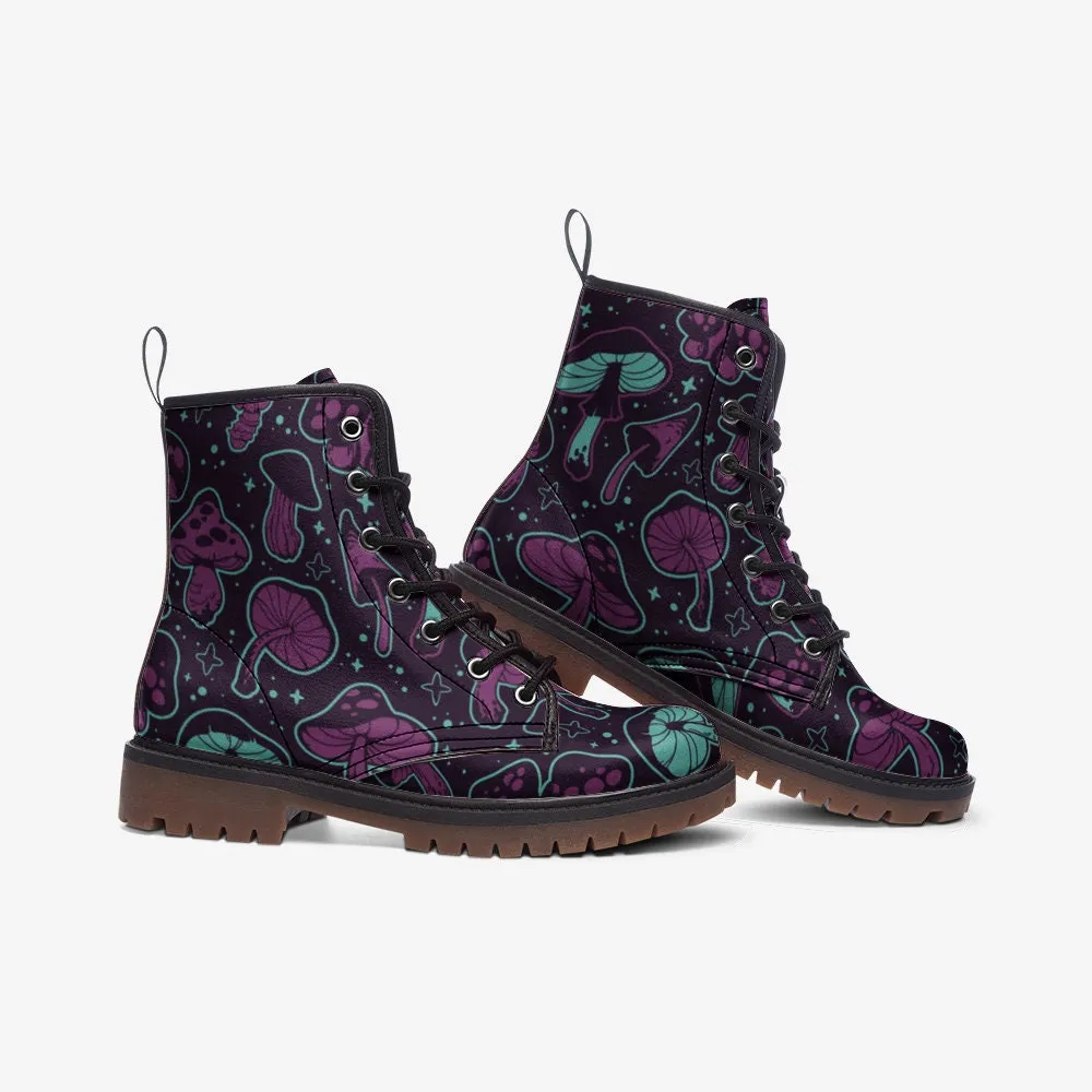 Trippy Mushrooms Dark Purple Vegan Leather Unisex Boots
