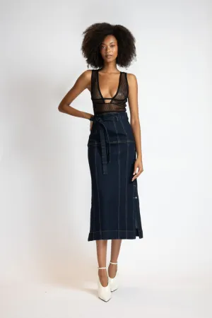 Unbleached Indigo Denim Paneled Skirt With Side Slits