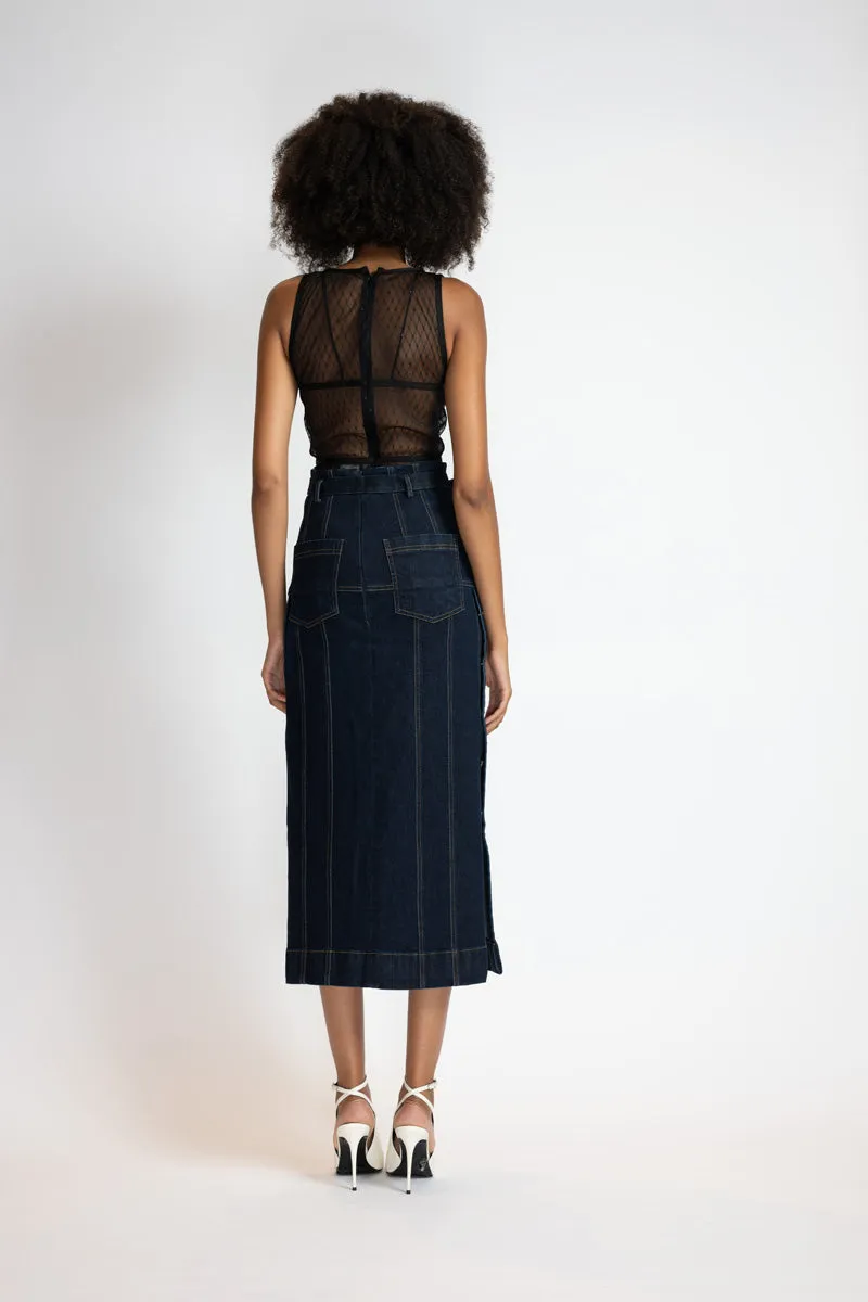 Unbleached Indigo Denim Paneled Skirt With Side Slits