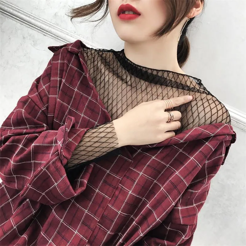 V-Neck Retro Plaid Fishnet Blouse Shirt
