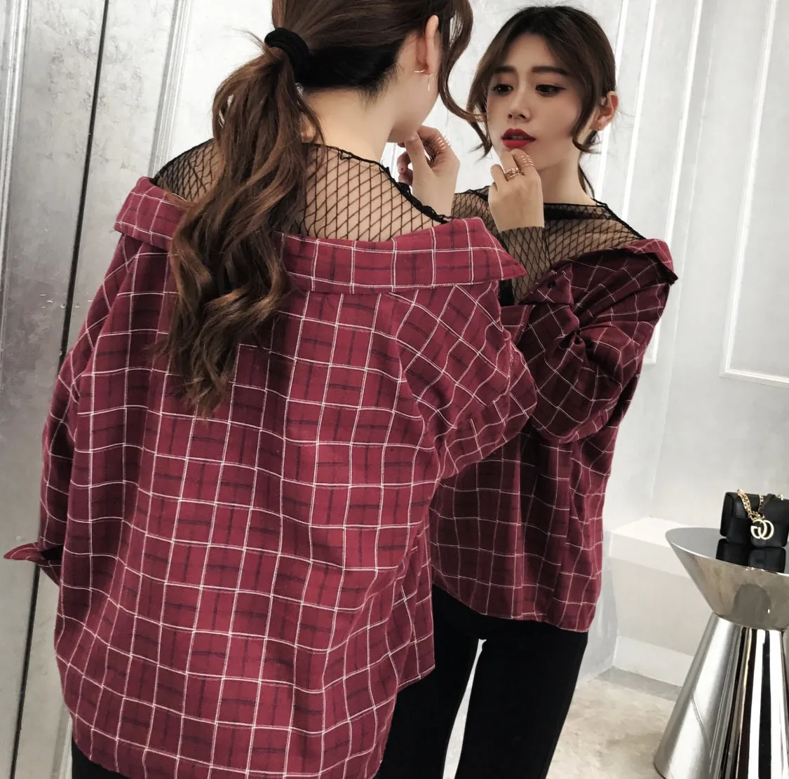 V-Neck Retro Plaid Fishnet Blouse Shirt