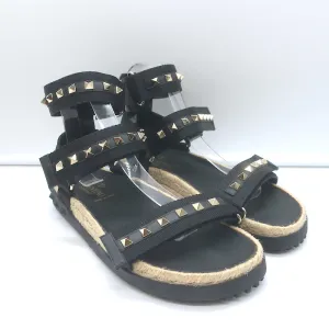 Valentino Rockstud Nylon Double Strap Espadrille Sandals Black Size 38 NEW