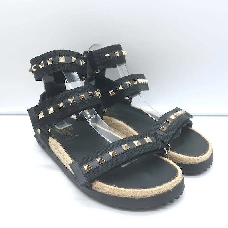 Valentino Rockstud Nylon Double Strap Espadrille Sandals Black Size 38 NEW