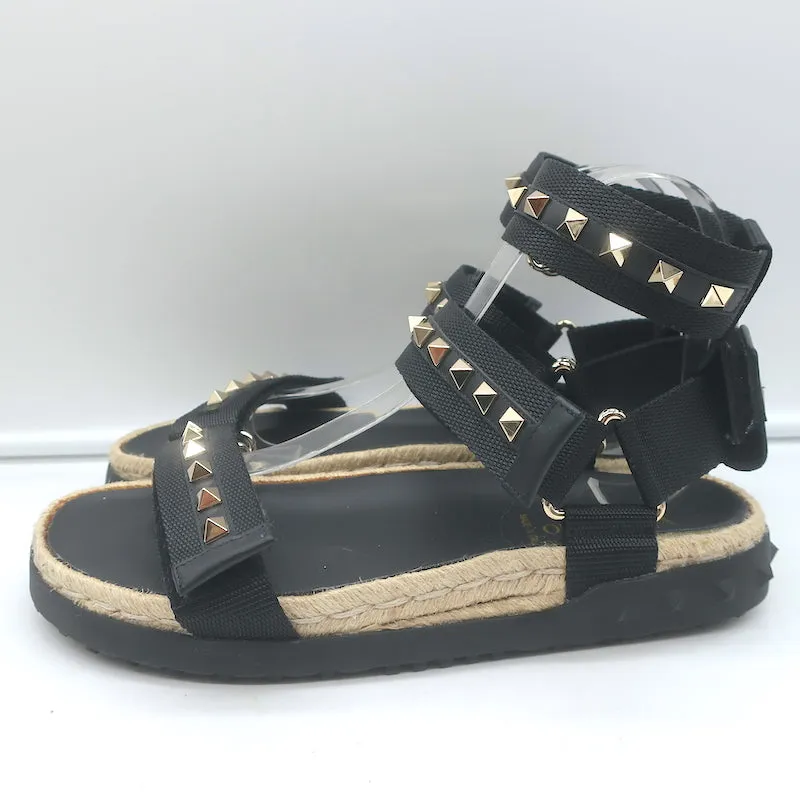 Valentino Rockstud Nylon Double Strap Espadrille Sandals Black Size 38 NEW