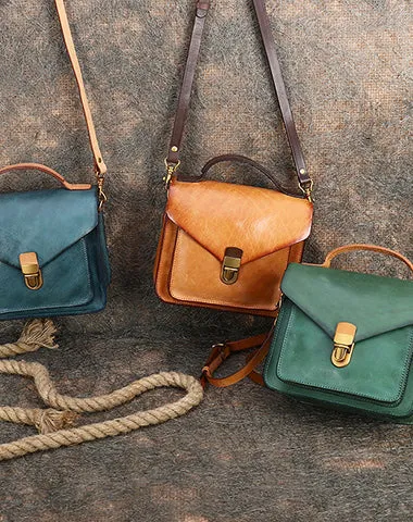 Vintage Blue Leather Womens Square Satchel Shoulder Bags School Crossbody Purse for Women