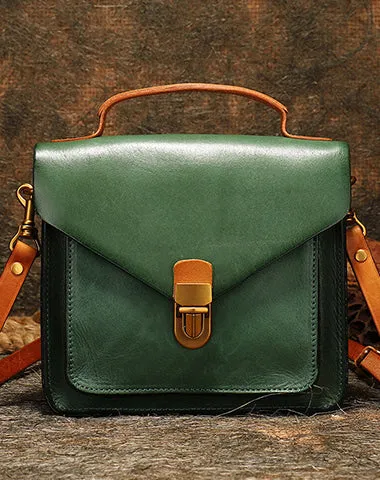 Vintage Blue Leather Womens Square Satchel Shoulder Bags School Crossbody Purse for Women