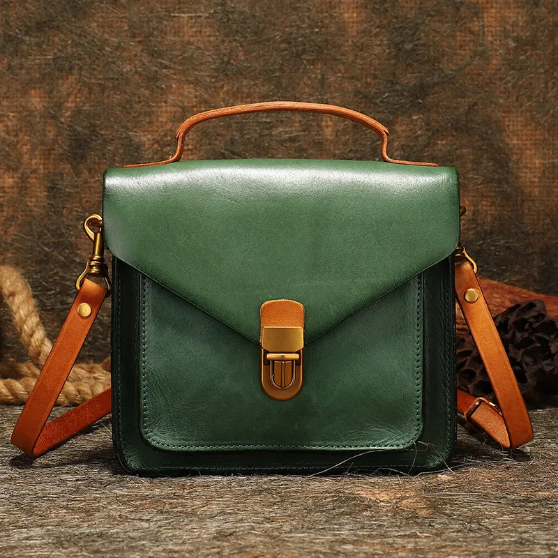 Vintage Blue Leather Womens Square Satchel Shoulder Bags School Crossbody Purse for Women