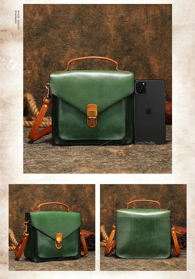 Vintage Blue Leather Womens Square Satchel Shoulder Bags School Crossbody Purse for Women