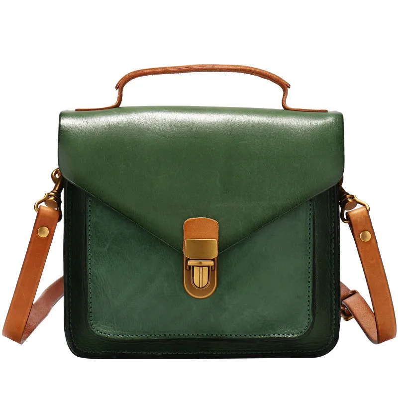 Vintage Blue Leather Womens Square Satchel Shoulder Bags School Crossbody Purse for Women