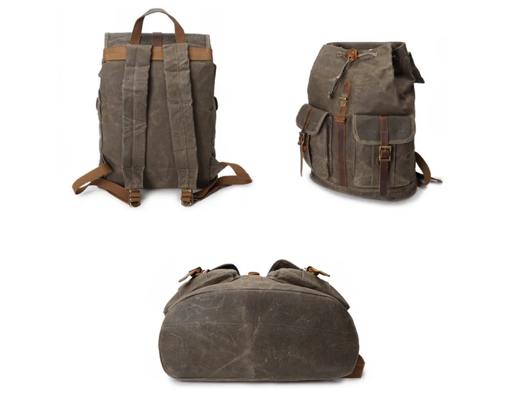 Vintage Canvas Backpack for Men Leather Rucksack 15'' Laptop School Military Knapsack