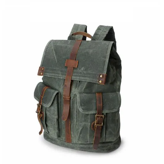 Vintage Canvas Backpack for Men Leather Rucksack 15'' Laptop School Military Knapsack