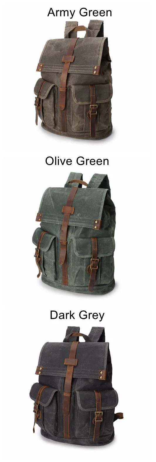 Vintage Canvas Backpack for Men Leather Rucksack 15'' Laptop School Military Knapsack