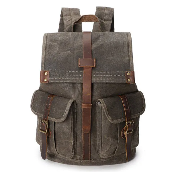 Vintage Canvas Backpack for Men Leather Rucksack 15'' Laptop School Military Knapsack