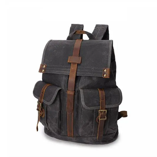 Vintage Canvas Backpack for Men Leather Rucksack 15'' Laptop School Military Knapsack