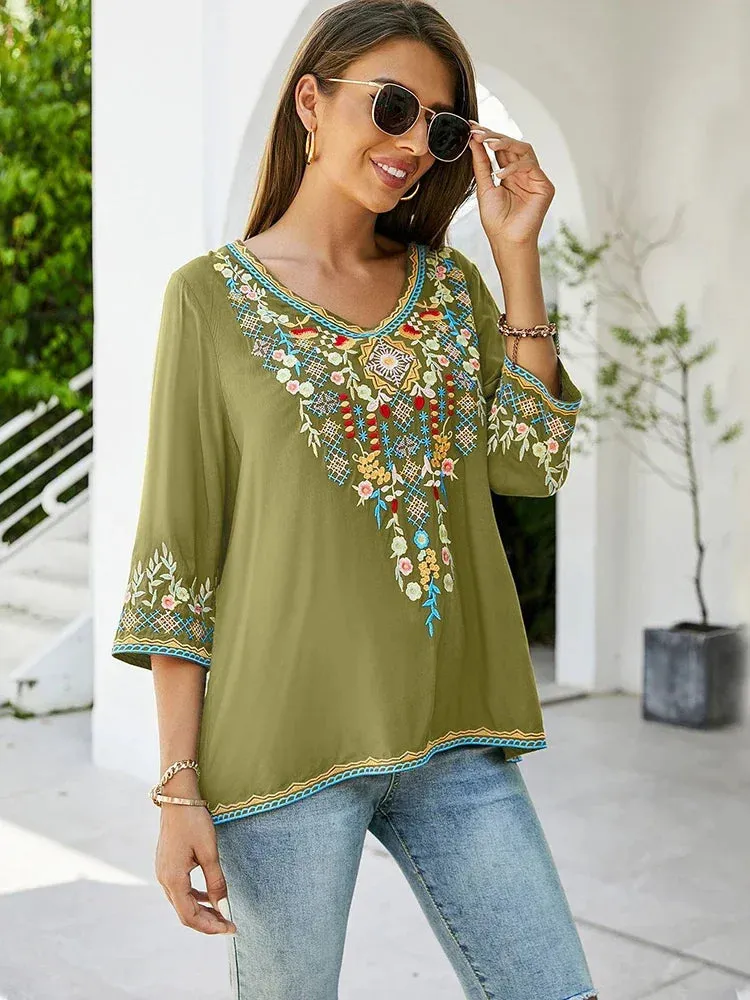 Vintage Chic Ladies Fashion Boho Embroidered Blouse