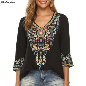 Vintage Chic Ladies Fashion Boho Embroidered Blouse