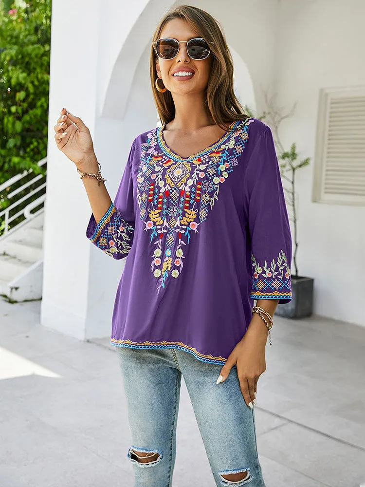 Vintage Chic Ladies Fashion Boho Embroidered Blouse