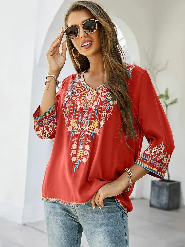 Vintage Chic Ladies Fashion Boho Embroidered Blouse