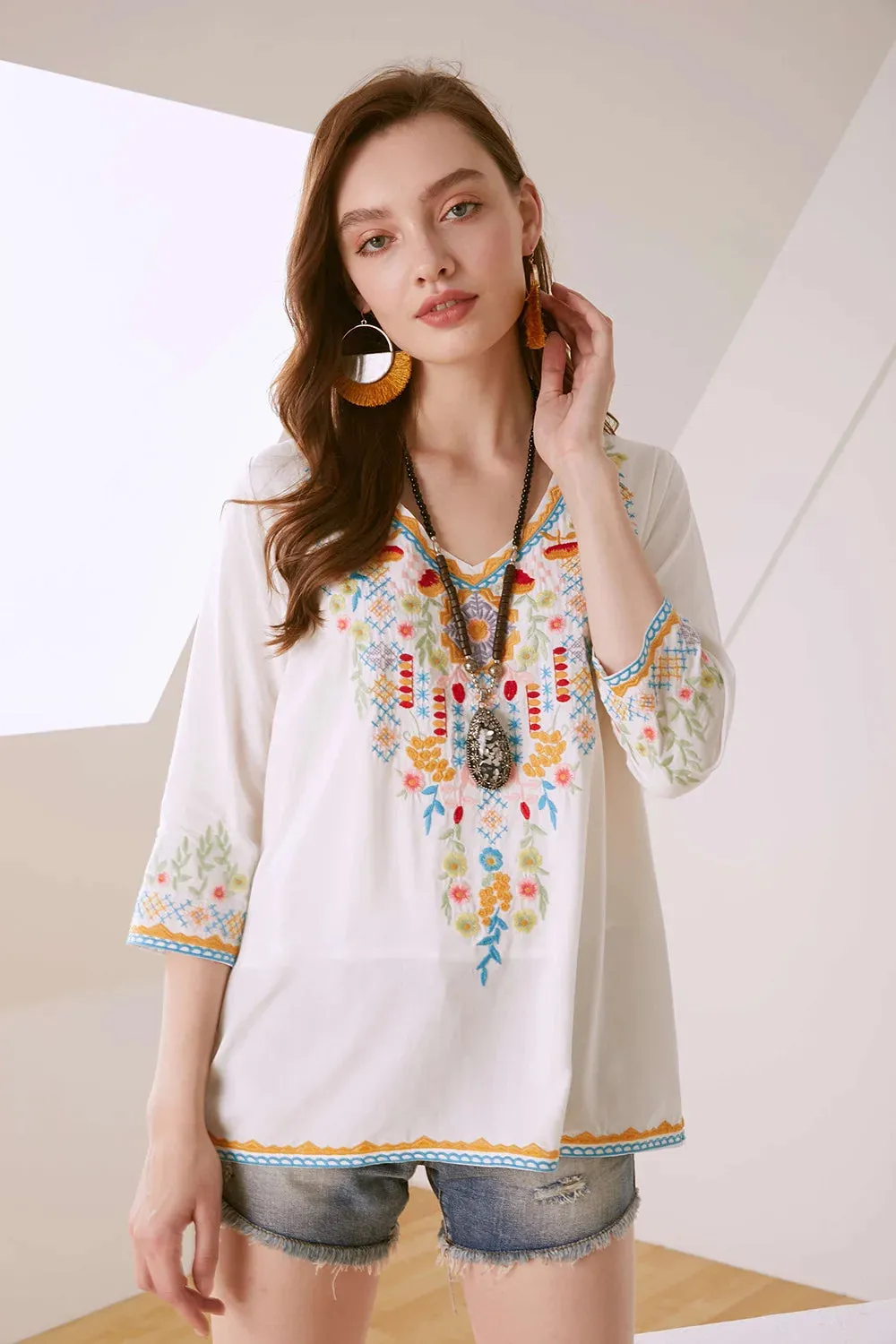 Vintage Chic Ladies Fashion Boho Embroidered Blouse