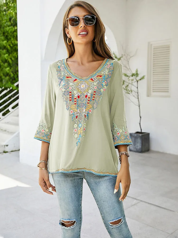 Vintage Chic Ladies Fashion Boho Embroidered Blouse