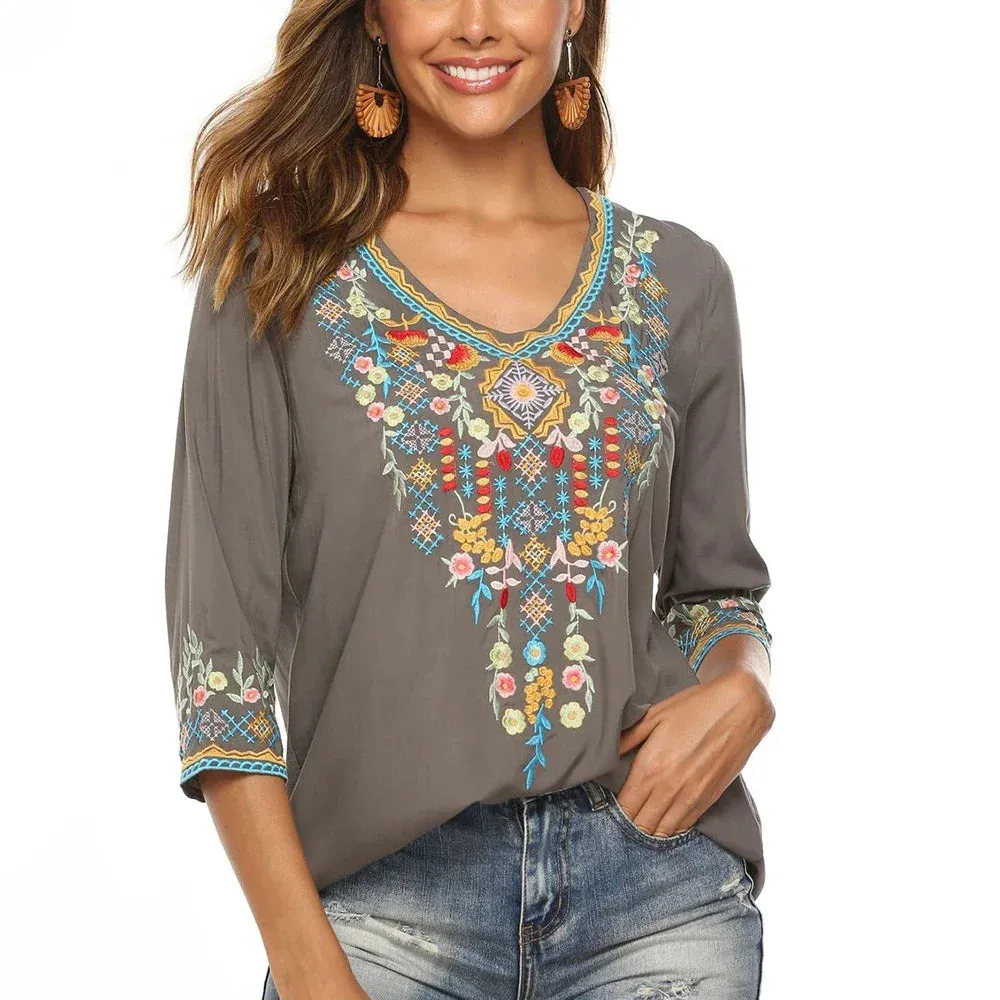 Vintage Chic Ladies Fashion Boho Embroidered Blouse