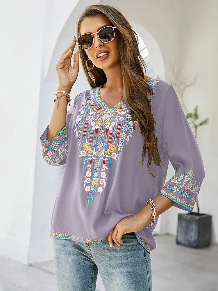 Vintage Chic Ladies Fashion Boho Embroidered Blouse
