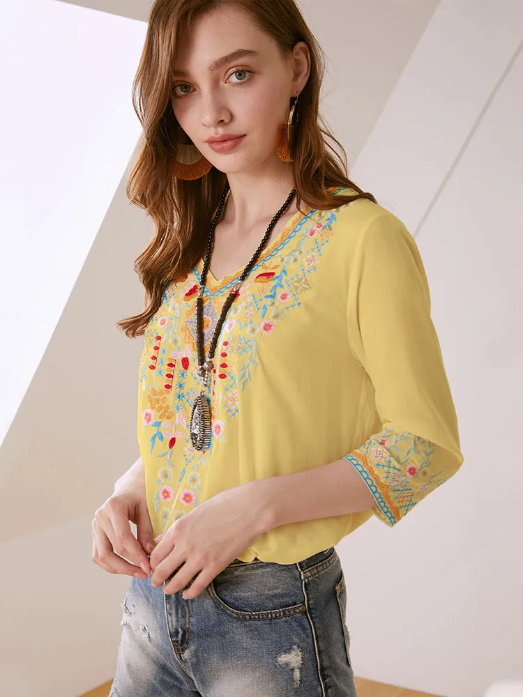 Vintage Chic Ladies Fashion Boho Embroidered Blouse