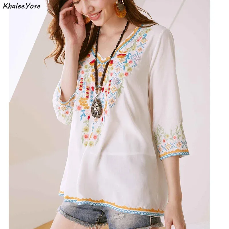 Vintage Chic Ladies Fashion Boho Embroidered Blouse