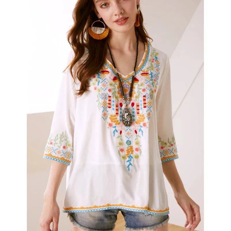 Vintage Chic Ladies Fashion Boho Embroidered Blouse
