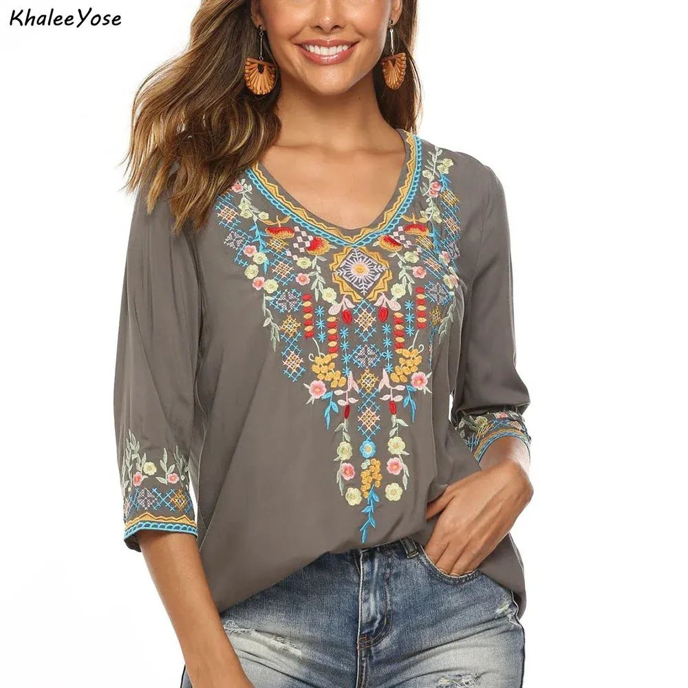 Vintage Chic Ladies Fashion Boho Embroidered Blouse