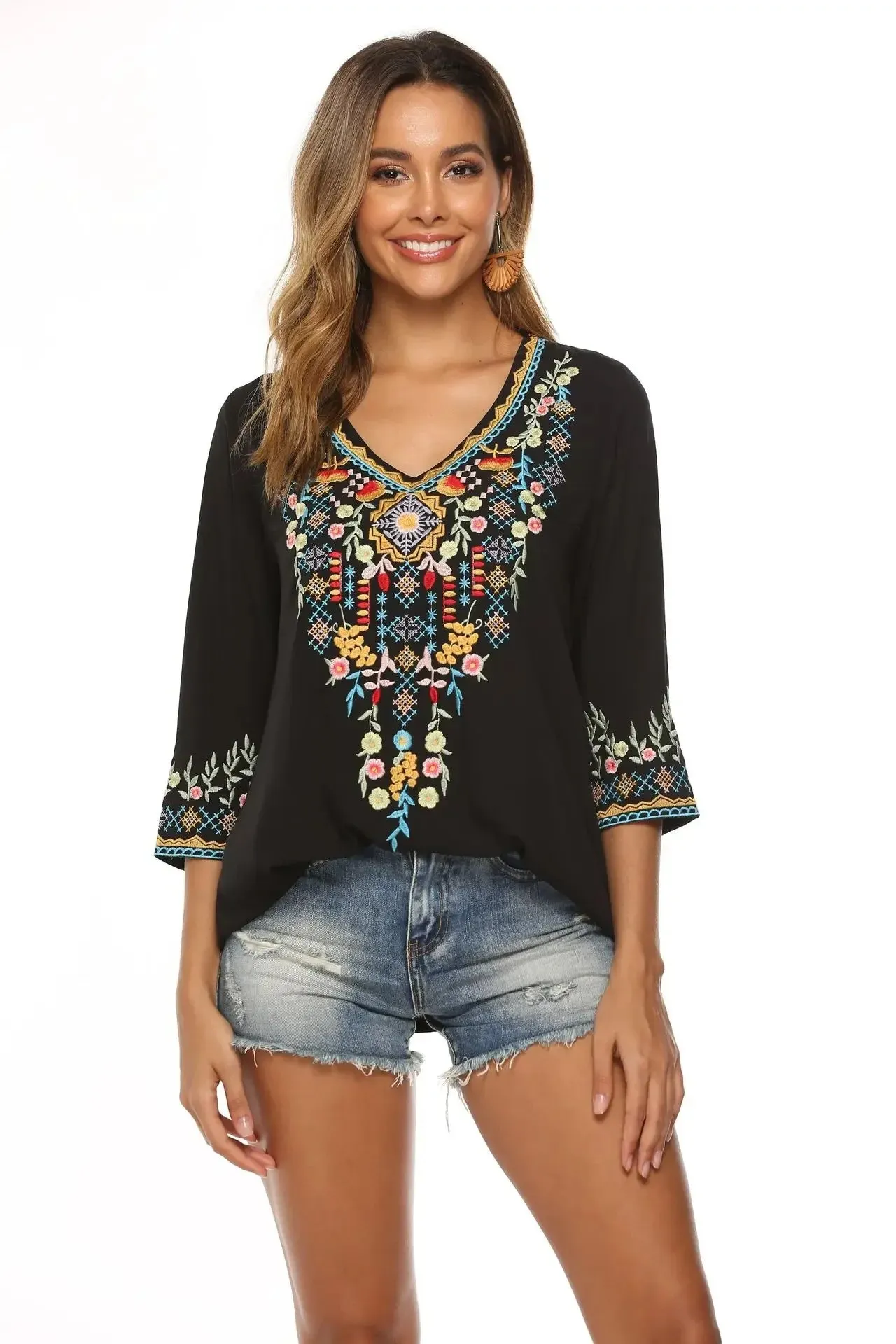 Vintage Chic Ladies Fashion Boho Embroidered Blouse