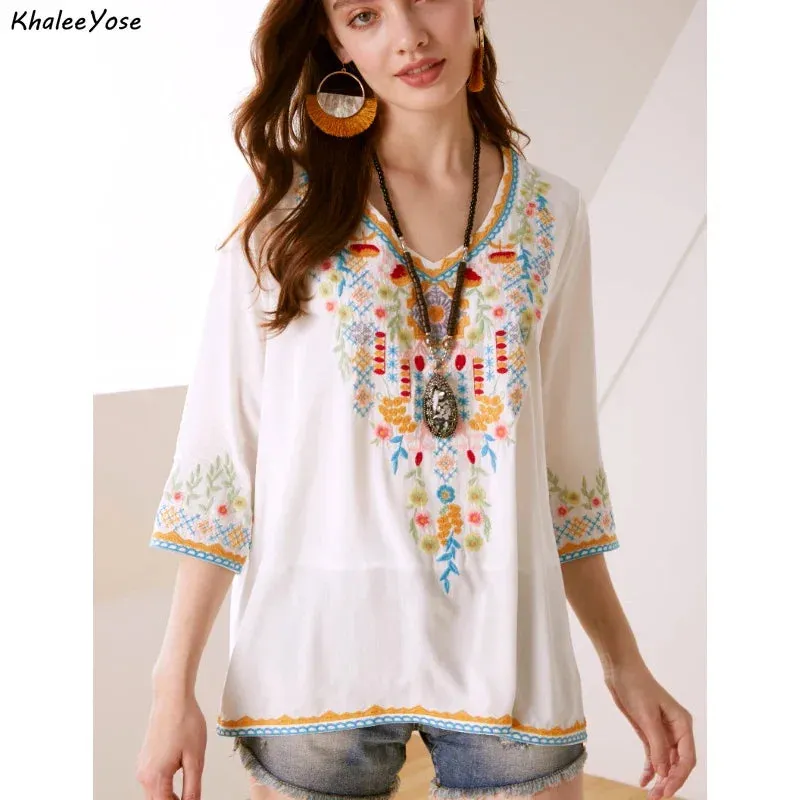 Vintage Chic Ladies Fashion Boho Embroidered Blouse