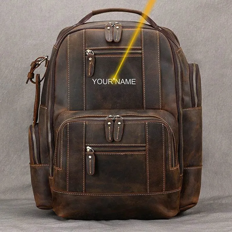 Vintage Crazy Horse Leather Backpack Men Travel Laptop School Bag