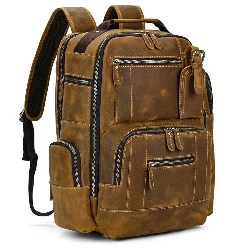 Vintage Crazy Horse Leather Backpack Men Travel Laptop School Bag