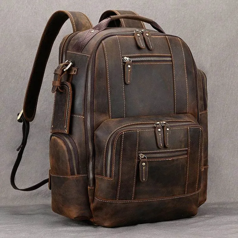 Vintage Crazy Horse Leather Backpack Men Travel Laptop School Bag